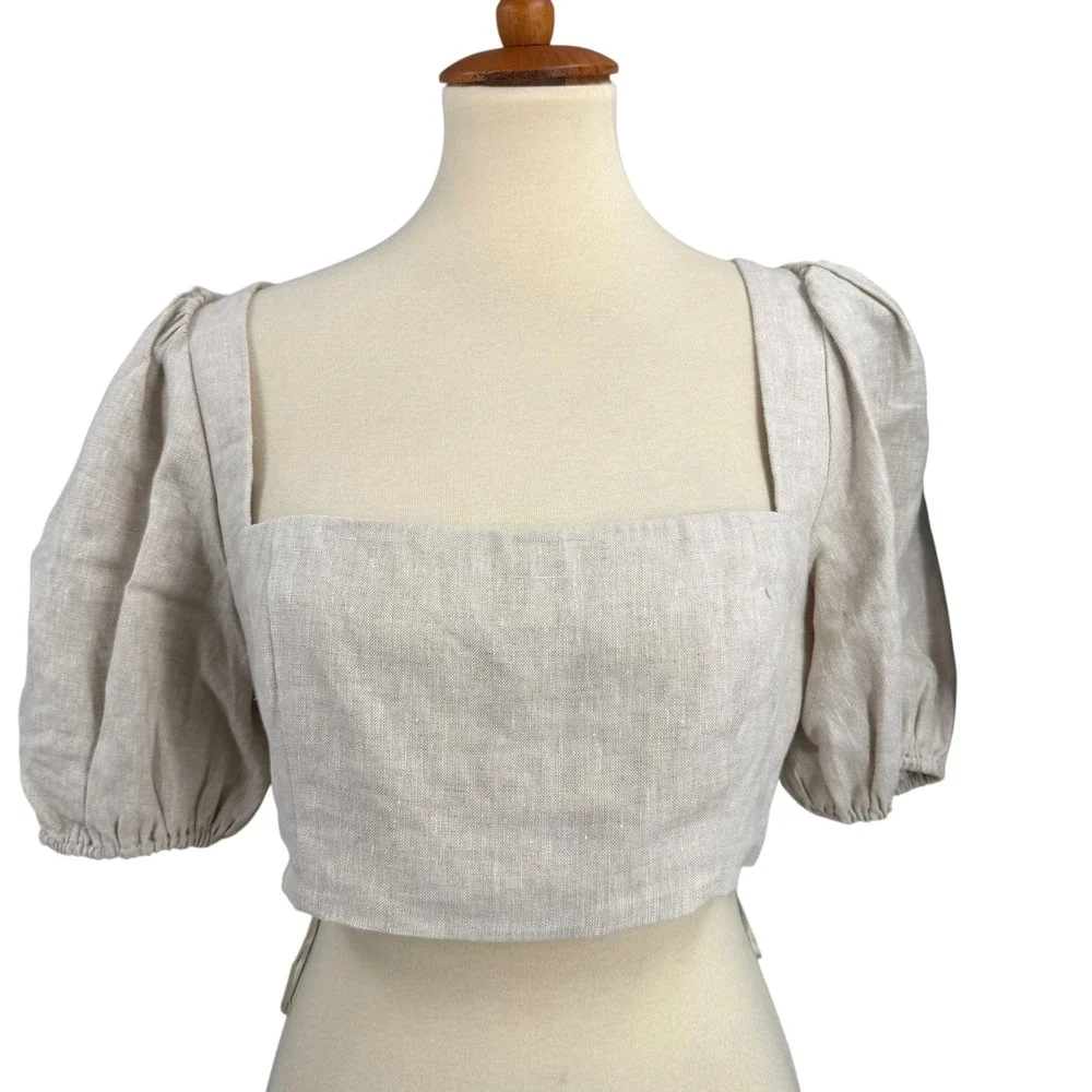 Reformation Linen Two‎ Piece Set Size 10 Beige Puff Sleeve Crop Top Midi Skirt